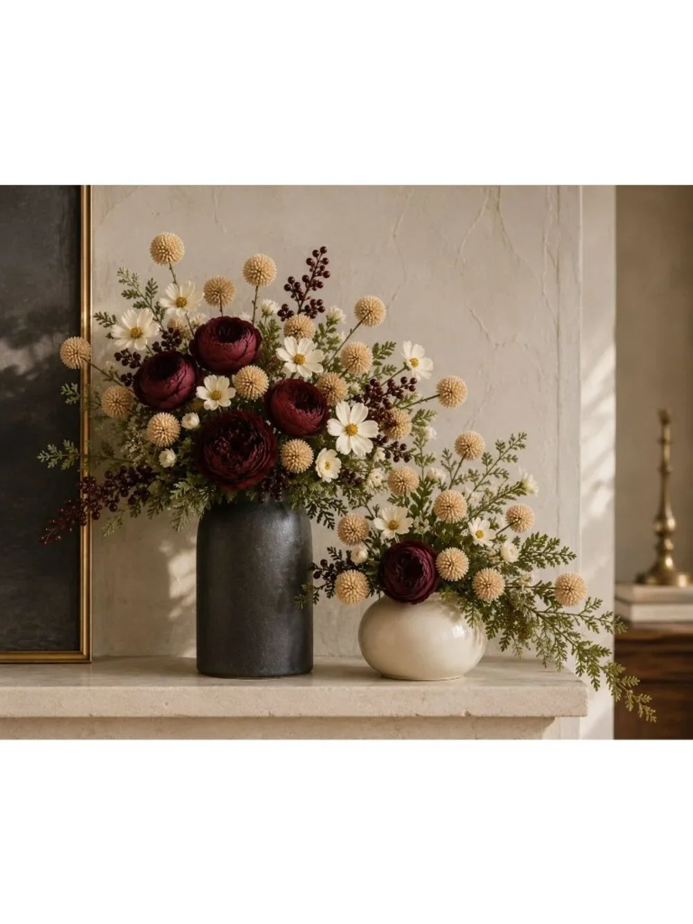 Warm Taupe Beige Pom Pom Chrysanthemum Stems Set of 2, 20 Inch Artificial Silk F